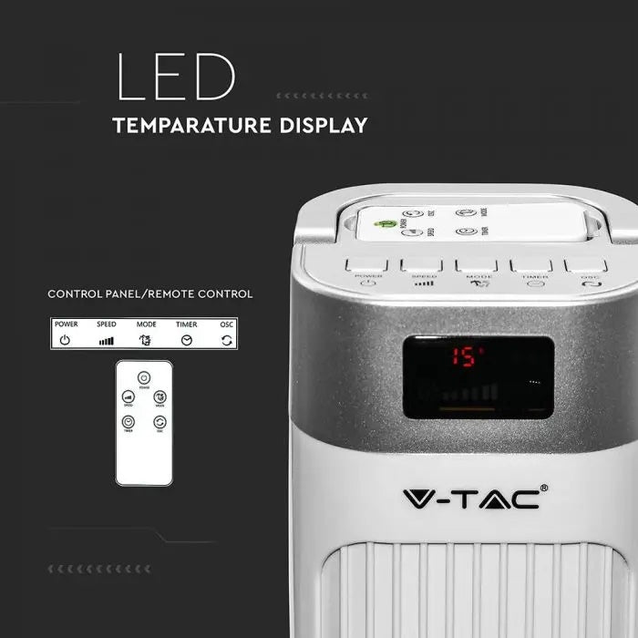 Вентилятор V-TAC 55 Вт с индикатором температуры, 3 режима работы, пульт ДУ, IP20, 300x300x950