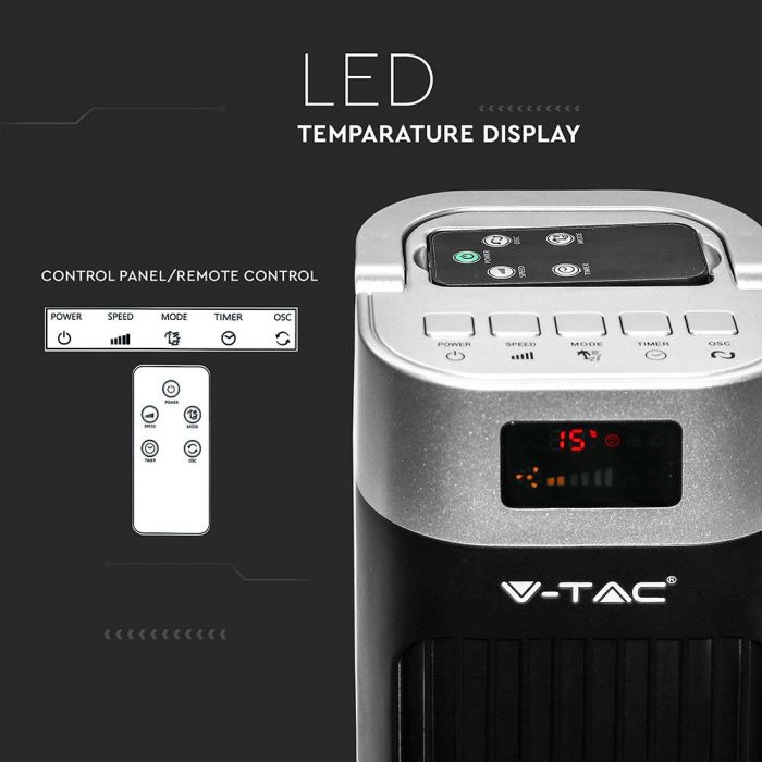 Вентилятор V-TAC 55 Вт с индикатором температуры, 3 режима работы, пульт ДУ, IP20, 300x300x1200 мм
