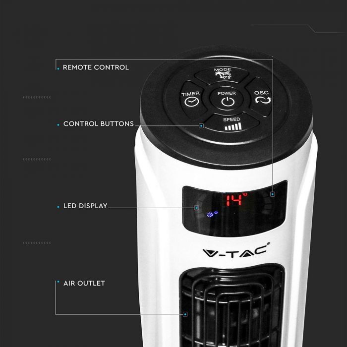 55W V-TAC ventilators ar temperatūras displeju, 3 darba režīmiem, tālvadību, IP20