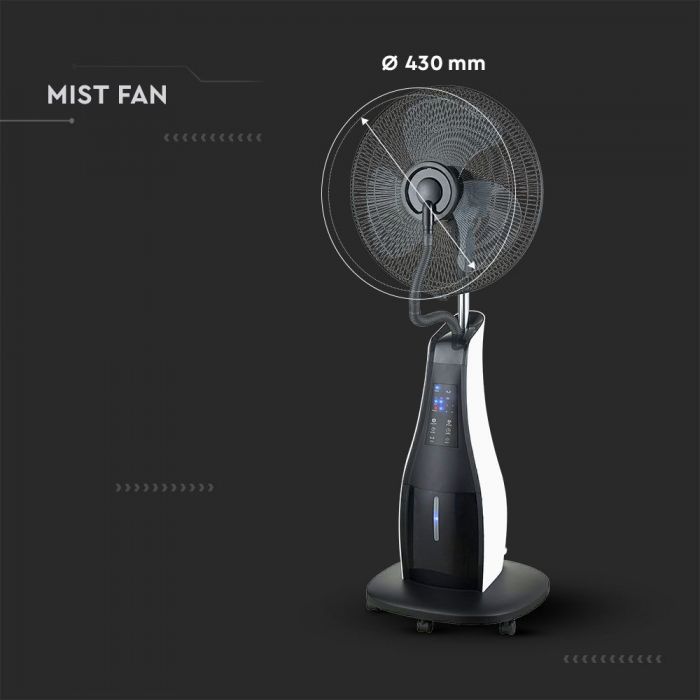 80W V-TAC fan with water vapor, with 3 speeds, timer, remote control, water tank 3.2 l, 6 wheels for easy movement