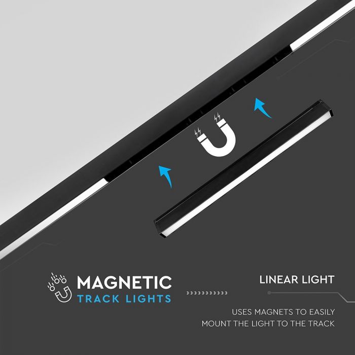 20W(1600Lm) LED magnetisk linjär armatur, IP20, DC:24V, V-TAC, svart, varmvitt ljus 3000K