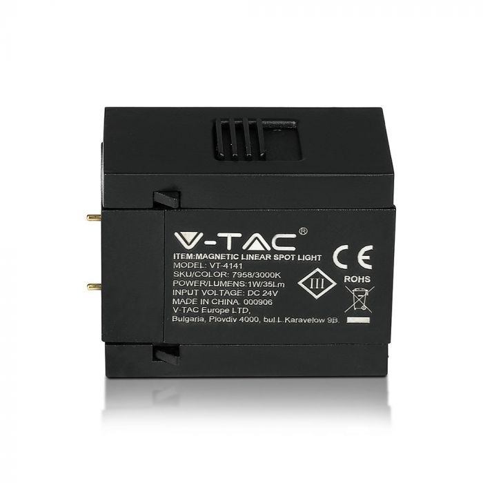 1W(35Lm) LED magnetisk linjär armatur, IP20, DC:24, V-TAC, svart, neutralvit 4000K