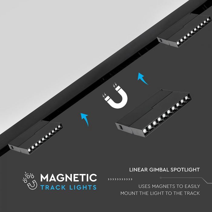 20W (1200Lm) LED magnetiline lineaarne valgusti, IP20, DC:24V, V-TAC, must, neutraalne valge valgus 4000K