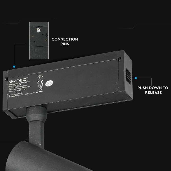 15W (900Lm) 24V LED magnetiline valgusti, IP20, DC:24V, V-TAC, must, neutraalne valge valgus 4000K