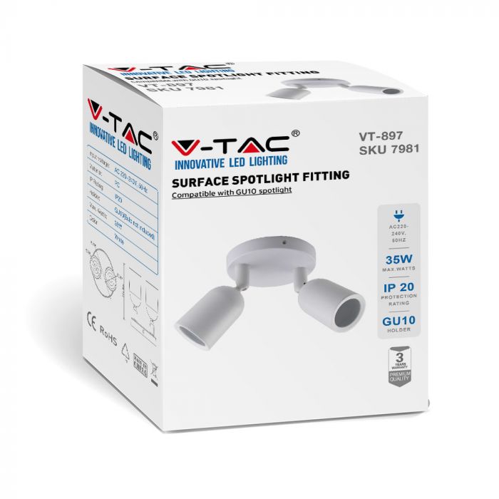 LED laevalgusti, 2XGU10, valge, V-TAC, IP20, max 2x35W