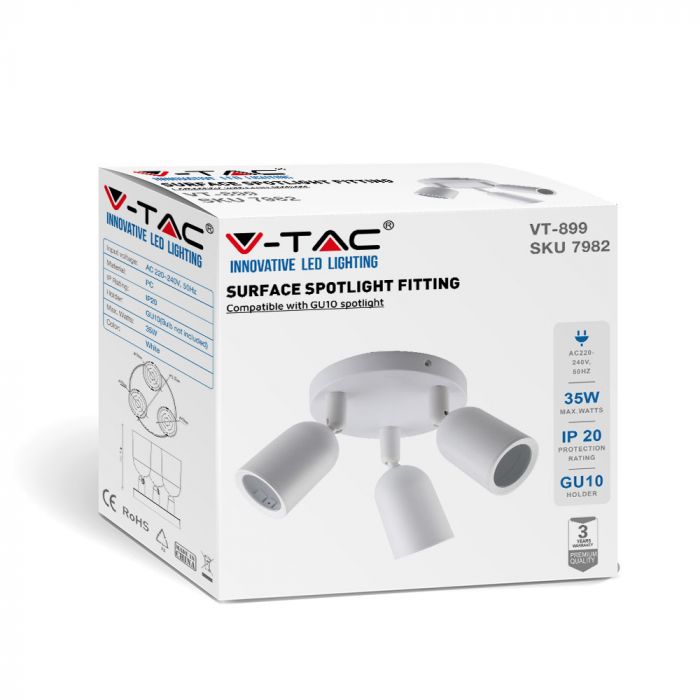 LED Ceiling light, 3XGU10, white, V-TAC, IP20, max 3x35W