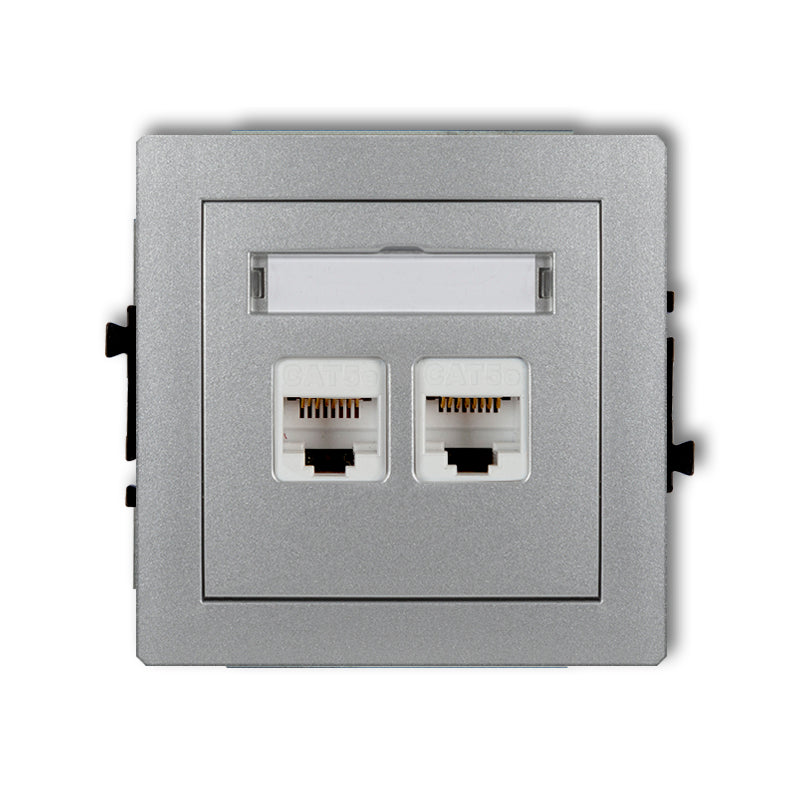 2-контактный механизм компьютерной розетки 2xRJ45, кат.5e, 8-контактный DECO, з/у, серебристый металлик