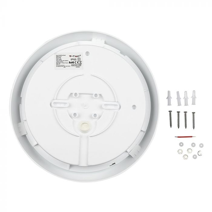 17W(1500Lm) LED plafons, balts, apaļš, IP65, V-TAC SAMSUNG, ar mikroviļņu sensoru un avārijas akumulatoru, neitrāli balta gaisma 4000K