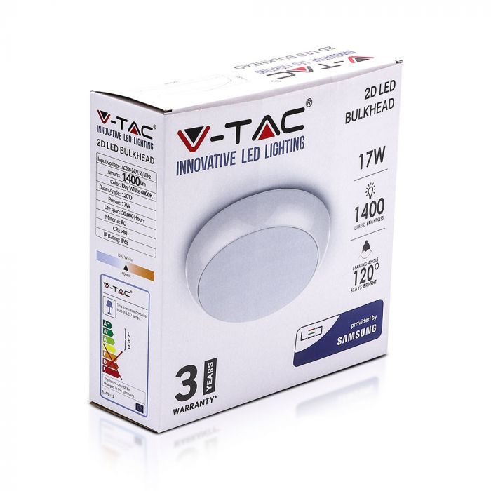 17W(1500Lm) LED plafons, balts, apaļš, IP65, V-TAC SAMSUNG, ar mikroviļņu sensoru un avārijas akumulatoru, neitrāli balta gaisma 4000K
