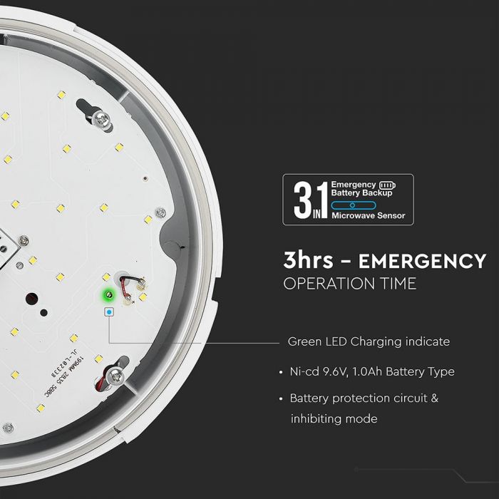 17W(1500Lm) LED plafons, balts, apaļš, IP65, V-TAC SAMSUNG, ar mikroviļņu sensoru un avārijas akumulatoru, neitrāli balta gaisma 4000K