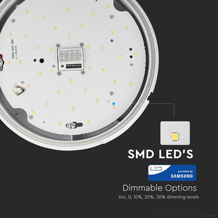 17W(1500Lm) LED plafons, balts, apaļš, IP65, V-TAC SAMSUNG, ar mikroviļņu sensoru un avārijas akumulatoru, neitrāli balta gaisma 4000K
