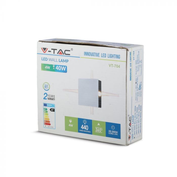 4W(440Lm) LED Fasādes gaismeklis, kvadrāta, V-TAC, IP65, alumīnija, neitrāli balta gaisma 4000K