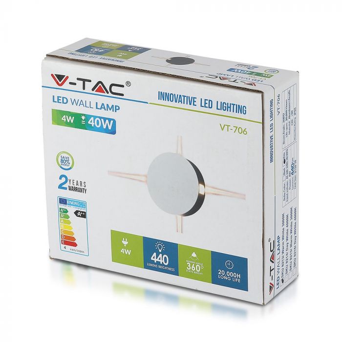 4W(440Lm) LED fassaadivalgusti, ümmargune, V-TAC, IP65, alumiinium, soe valge valgus 3000K
