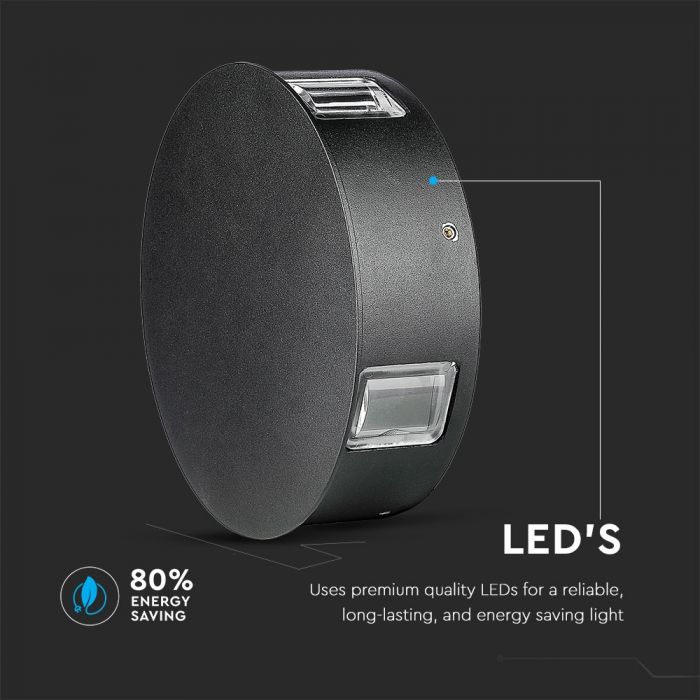 4W(440Lm) LED Fasādes gaismeklis, apaļš, V-TAC, IP65, alumīnija, silti balta gaisma 3000K