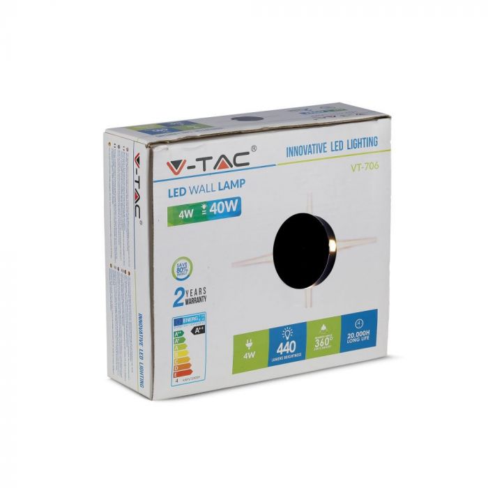 4W(440Lm) LED Fasādes gaismeklis, apaļš, V-TAC, IP65, alumīnija, silti balta gaisma 3000K