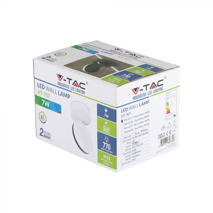 7W(770Lm) LED Fasādes gaismeklis, apaļš, V-TAC, IP65, alumīnija, silti balta gaisma 3000K