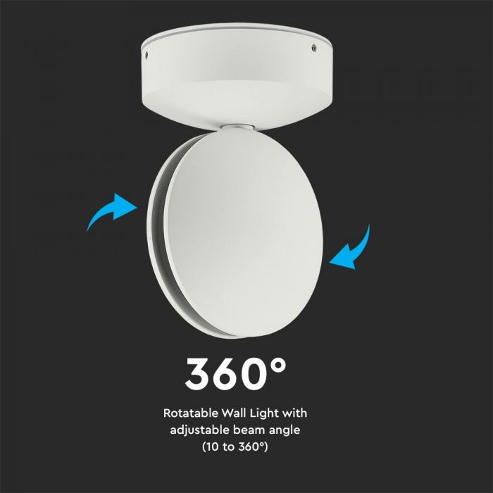 7W(770Lm) LED Fasādes gaismeklis, apaļš, V-TAC, IP65, alumīnija, silti balta gaisma 3000K
