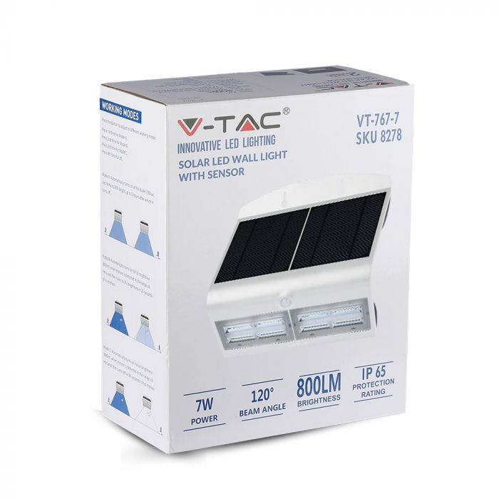 6.8W(800Lm) LED solar luminaire with lithium battery, IP65, white, V-TAC