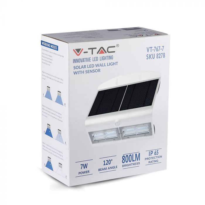 6,8W(800Lm) LED päikesevalgusti liitiumakuga, IP65, valge, V-TAC