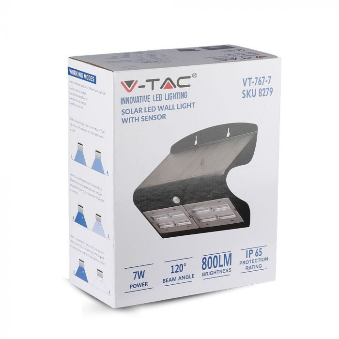 7W(850Lm) LED solar luminaire for house facade with lithium battery, IP65, V-TAC, neutral white light 4000K