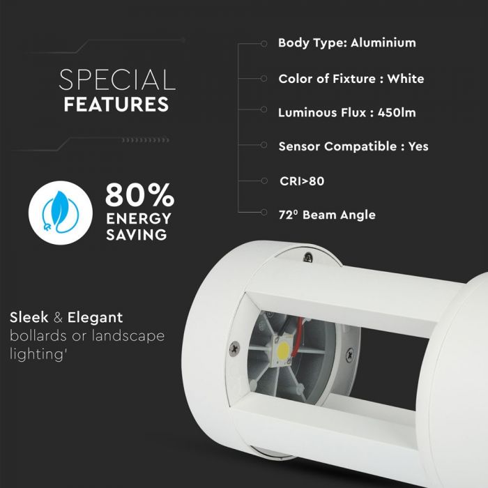 10W(450Lm) LED Dārza lampa, balts korpuss, 25 cm, IP65, V-TAC, auksti balta gaisma 5000K