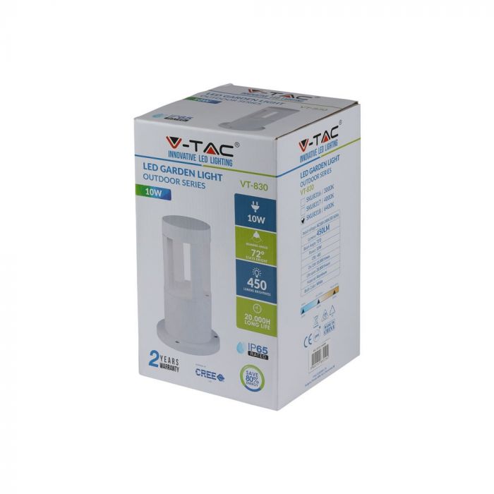 10W(450Lm) LED Dārza lampa, balts korpuss, 25 cm, IP65, V-TAC, auksti balta gaisma 5000K