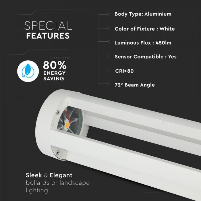 10W(450Lm) LED Dārza lampa, balts korpuss, 80 cm, IP65, V-TAC, auksti balta gaisma 5000K