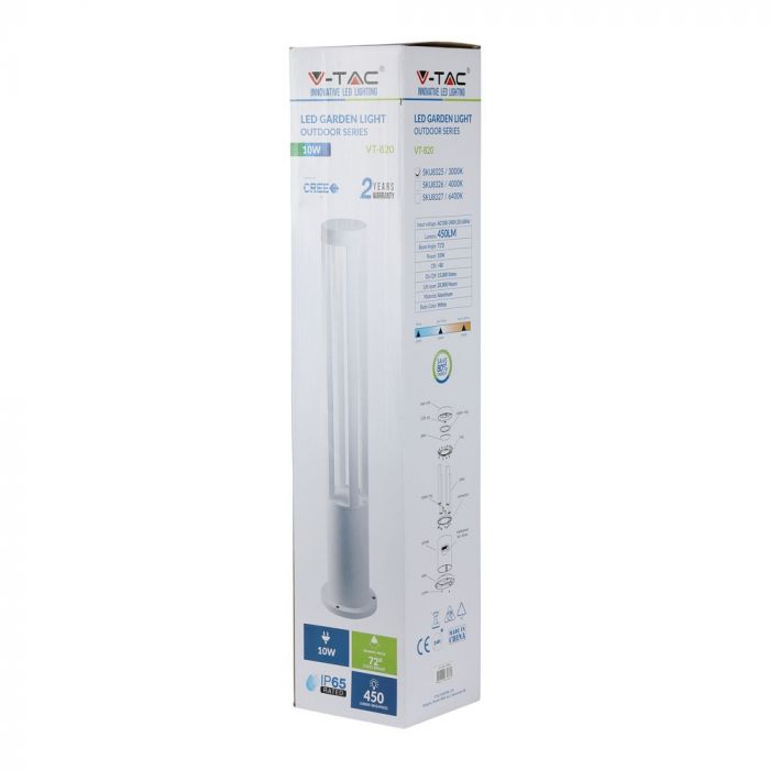 10W(450Lm) LED Dārza lampa, balts korpuss, 80 cm, IP65, V-TAC, auksti balta gaisma 5000K