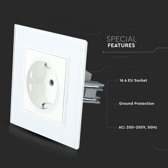 V-TAC EU 16A socket, glass panel, white