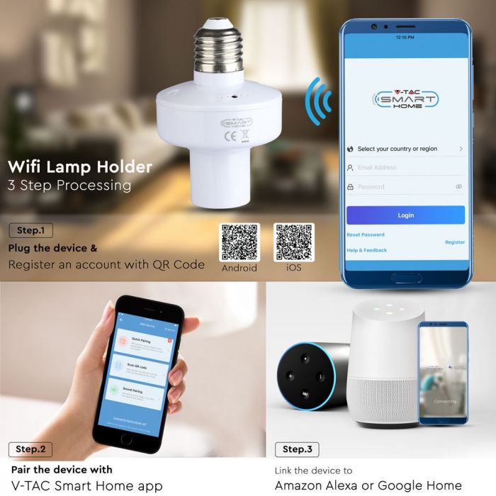 WIFI lambipesa (ühildub Alexa, Google Home'iga), 10A, V-TAC