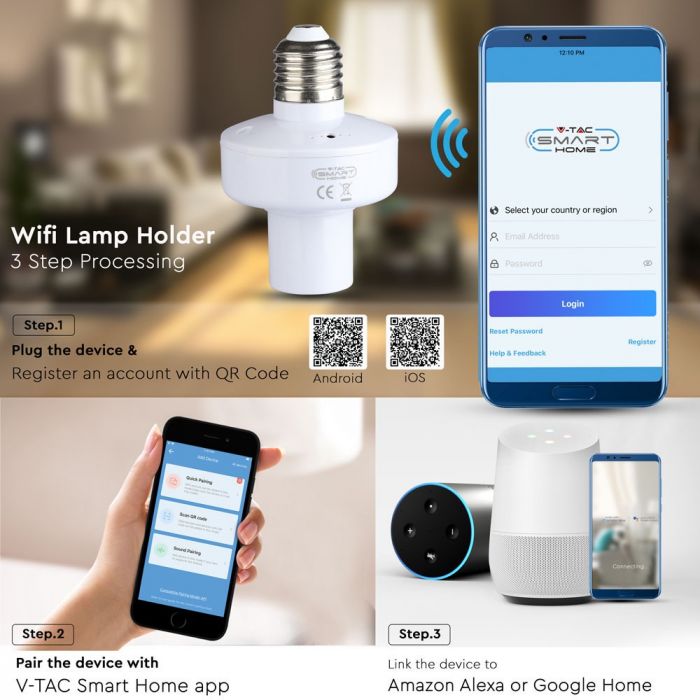 WIFI lampas turētājs (savietojams ar Alexa, google home), 10A, V-TAC
