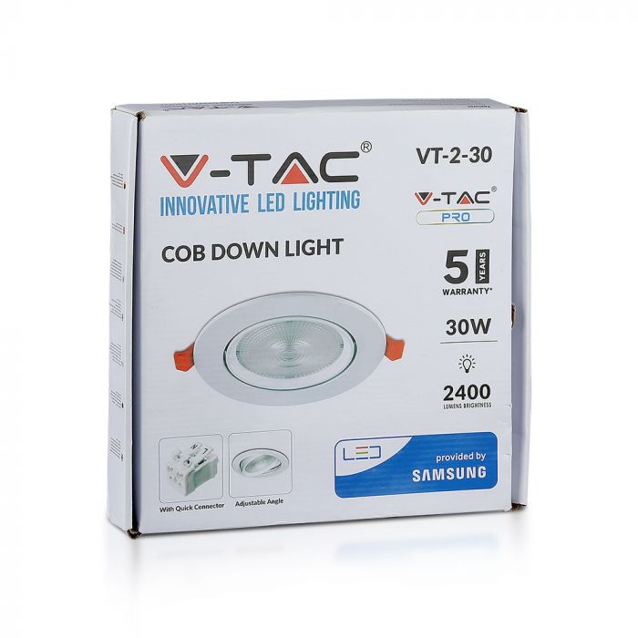 30W (2400Lm) LED infälld takarmatur, V-TAC SAMSUNG CHIP, 5 års garanti, varmvitt ljus 3000K