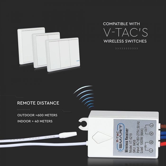 MAX 1000W uztvērējs, saderīgs ar V-TAC bezvadu slēdzi (SKU: 8460,8461,8462)
