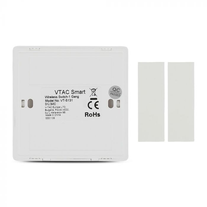 Juhtmevaba lüliti, saab ühendada V-TAC Wifi Smart Receiveriga (SKU: 8459), ühildub V-TAC Smart Light, Google Home ja Alexa'ga.
