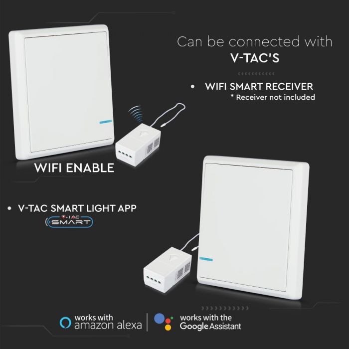 Juhtmevaba lüliti, saab ühendada V-TAC Wifi Smart Receiveriga (SKU: 8459), ühildub V-TAC Smart Light, Google Home ja Alexa'ga.