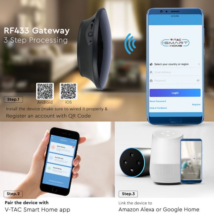 RF433 vārteja saderīga ar AMAZON ALEXA un GOOGLE HOME, V-TAC