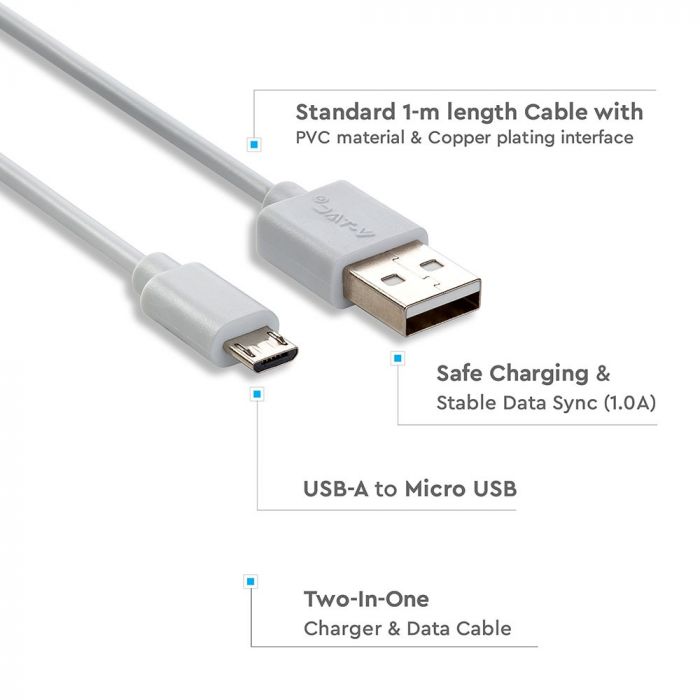 1m 1.0A V-TAC MICRO USB kaabel valge