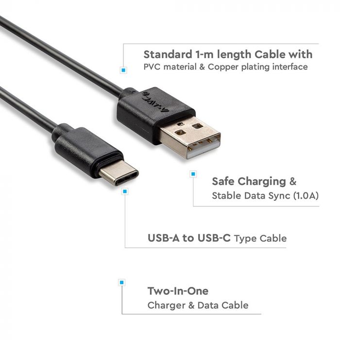 1m 1.0A V-TAC TYPE-C USB kabelis melns