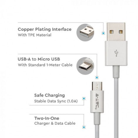 1m 1.0A V-TAC MICRO USB kabelis balts