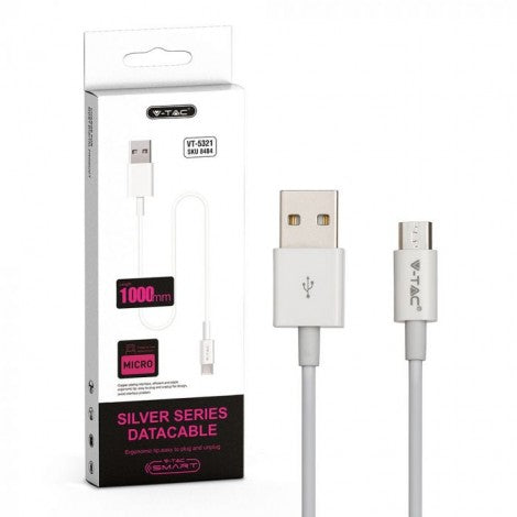 1m 1.0A V-TAC MICRO USB kabelis balts