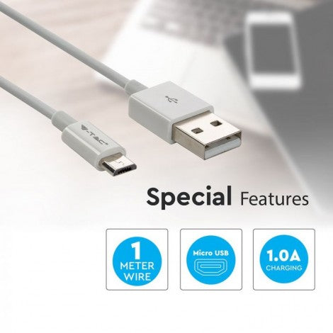 1m 1.0A V-TAC MICRO USB kabelis balts