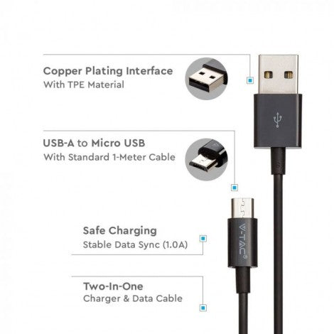 1m 1.0A V-TAC MICRO USB kabelis melns