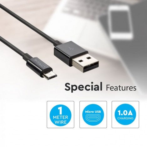 1m 1.0A V-TAC MICRO USB kabelis melns