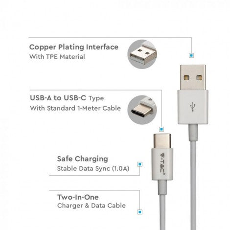 1m 1.0A V-TAC TYPE-C USB kabelis balts