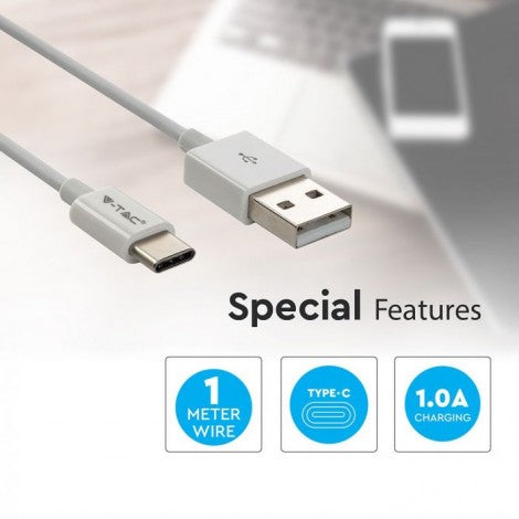 1m 1.0A V-TAC TYPE-C USB kabelis balts