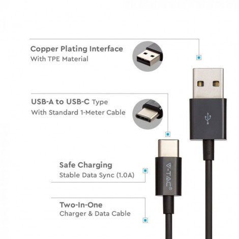 1m 1.0A V-TAC TYPE-C USB cable black