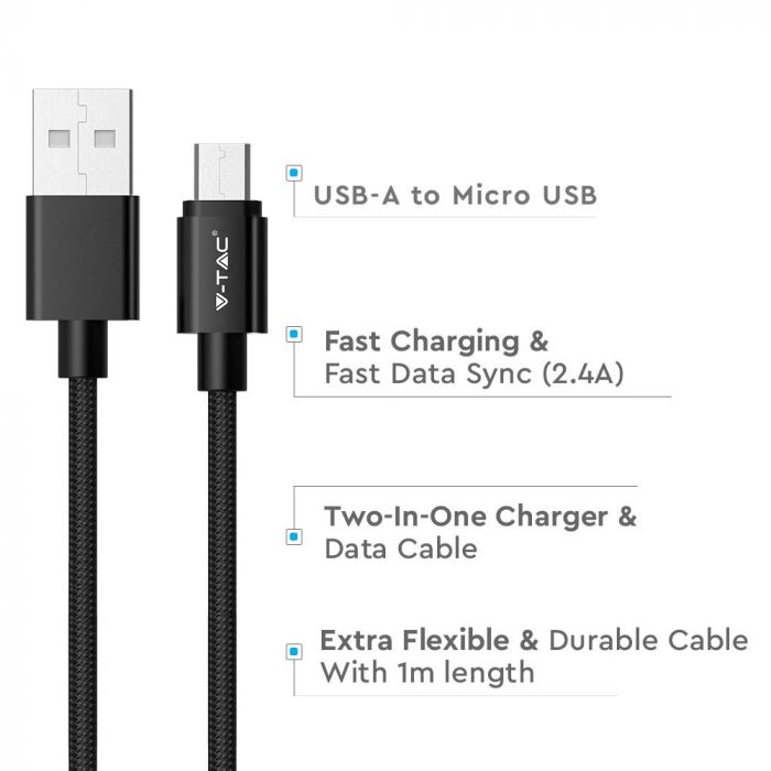 1m 2,4A V-TAC MICRO USB-kabel svart