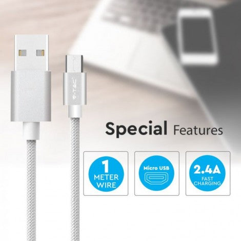 1m 2.4A V-TAC MICRO USB kabelis sudraba