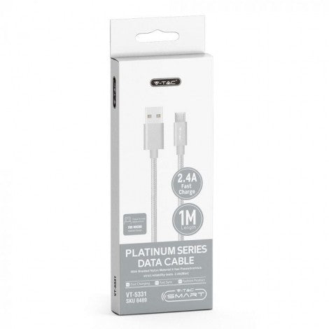 1m 2.4A V-TAC MICRO USB kabelis sudraba