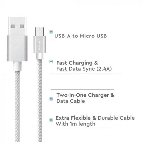 1m 2.4A V-TAC MICRO USB kabelis sudraba